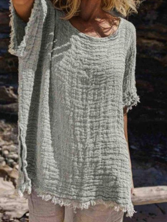 Women's Cotton Linen Slit Fringe Top