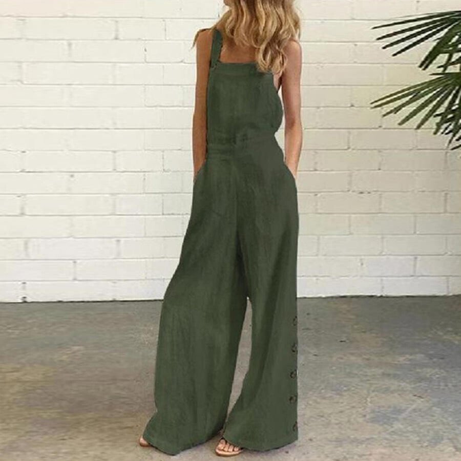 Women Cotton Sleeveless Vintage Wide-Leg Jumpsuit With Side Pockets
