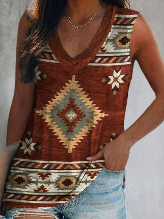 Vintage Geometric Print V-Neck T-Shirt