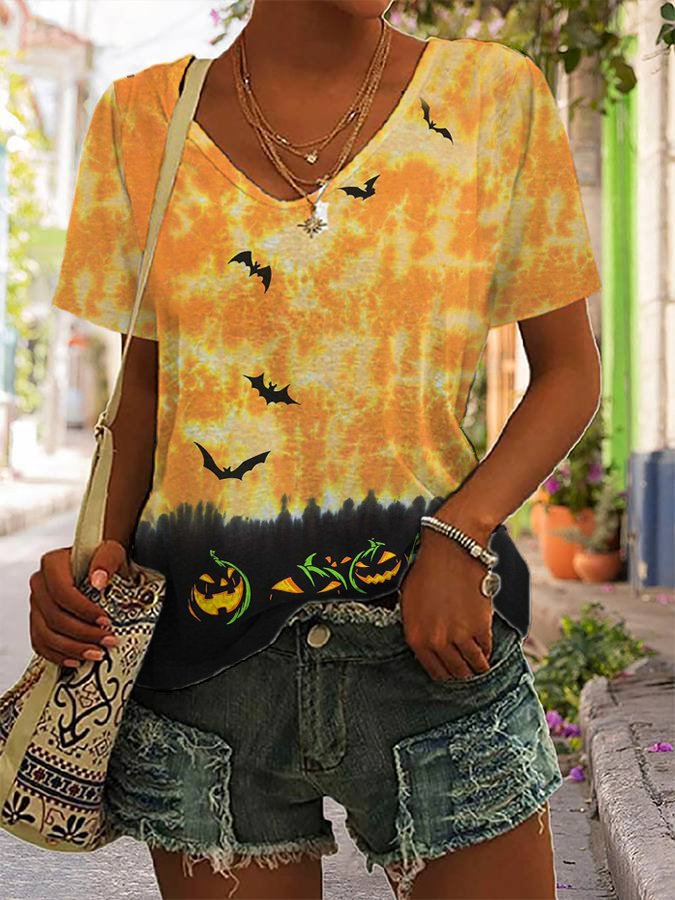 Women's  Halloween Bat Pumpkin Tie Dye Print V-Neck T-Shirt