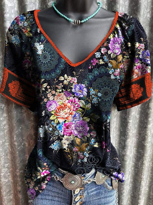 V-Neck Ethnic Floral Print T-Shirt