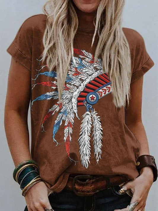 Women's Western Tribal Print Crew Neck Casual T-Shirt