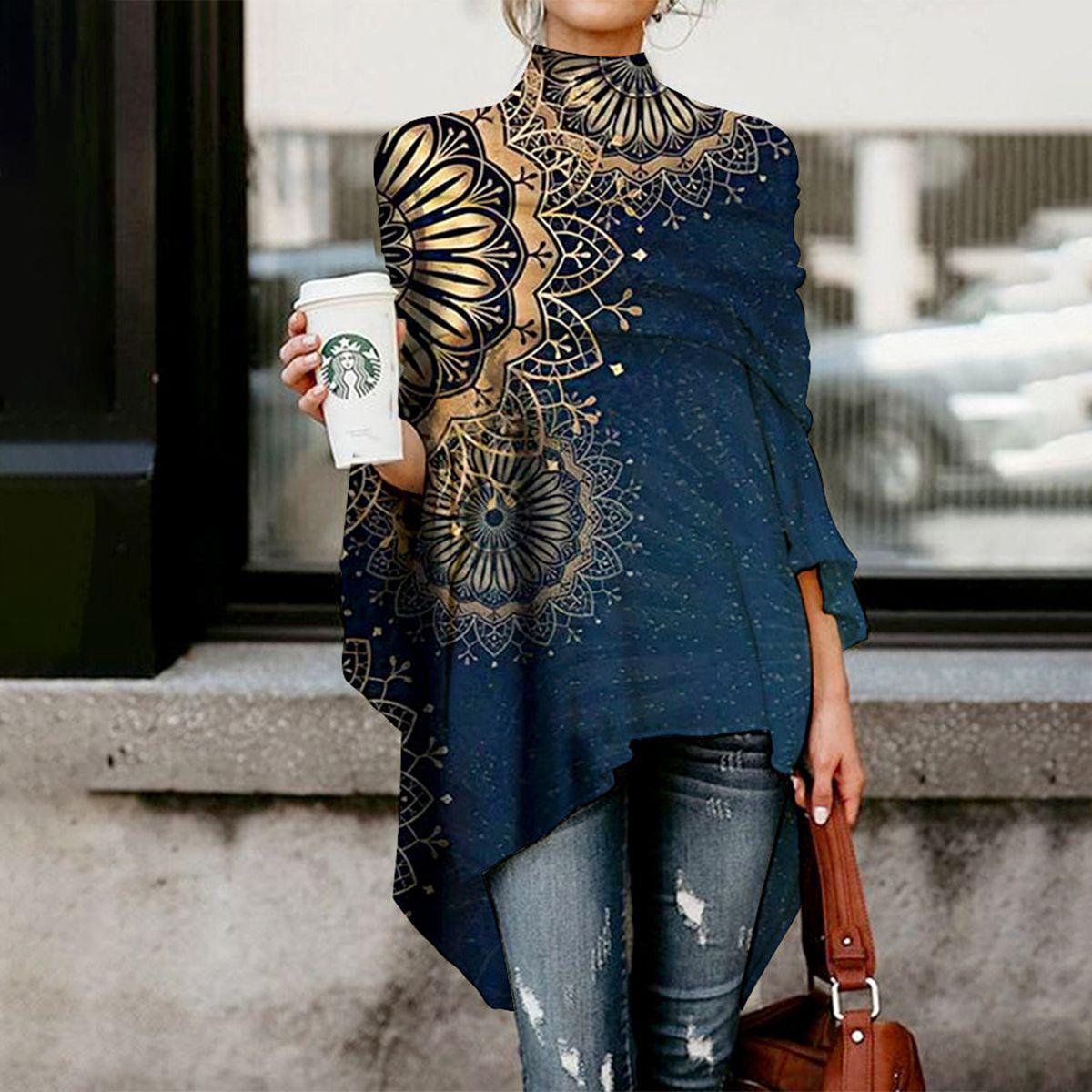 Modern Print Navy High Neck Top