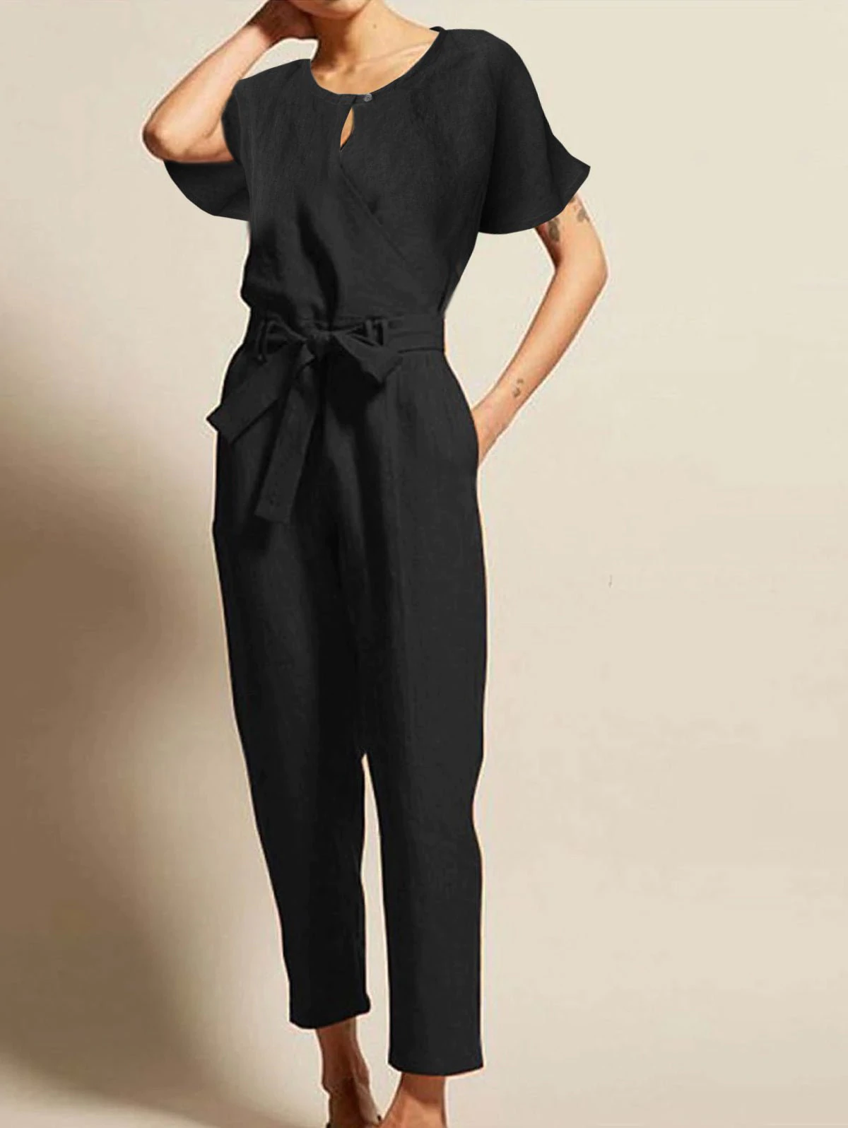 Short sleeves Belted Jumpsuit