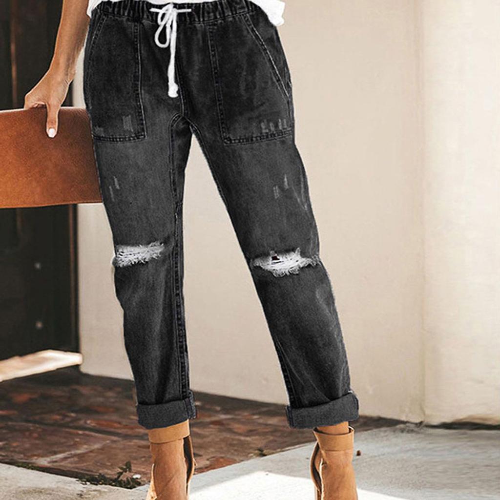 Women Solid Color Hole Low Waist Jeans