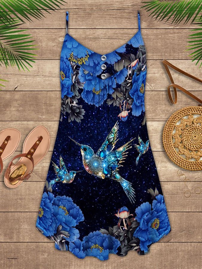 Hummingbird Floral Print Spaghetti Strap Dress