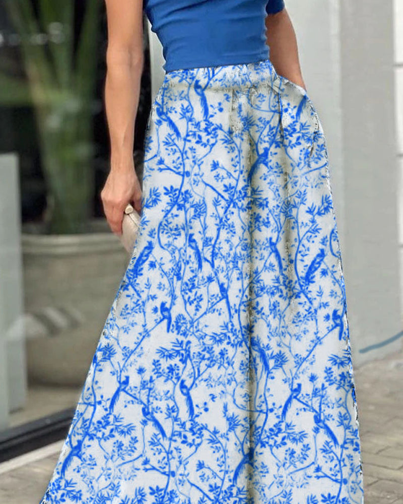 One-shoulder Puff-sleeve Printed Trousers Two-piece