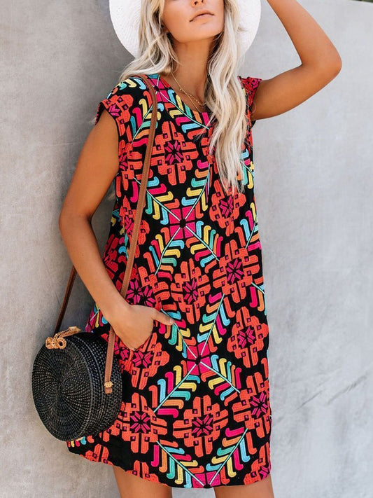 Vacation Style Round Neck  Floral Dress