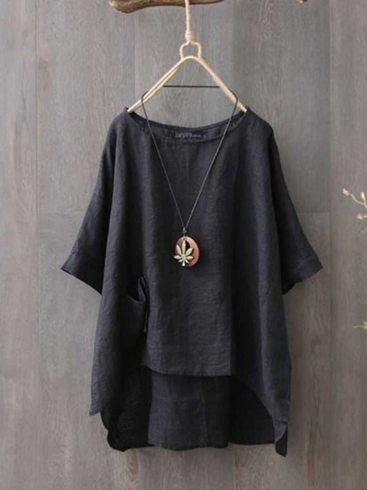 Vintage Round Neck Casual Cotton And Linen Top