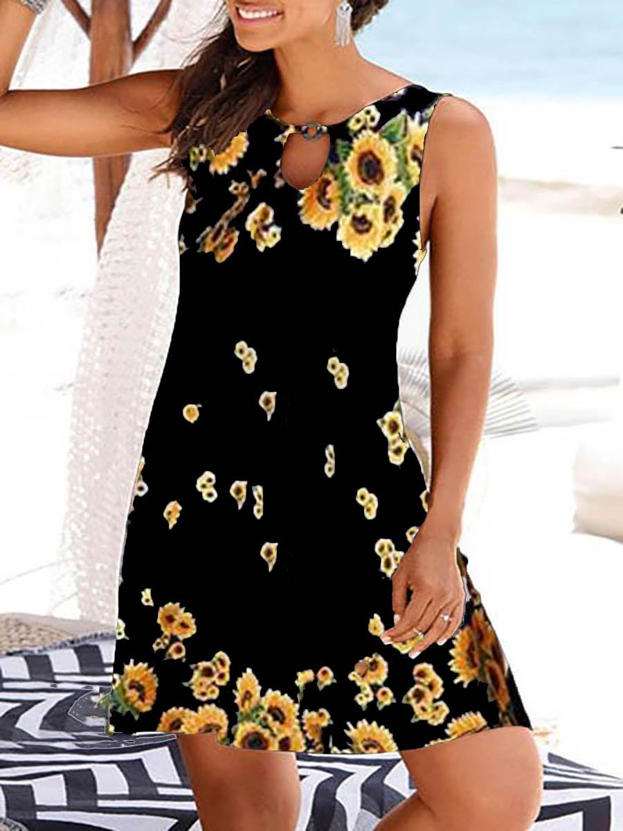 Sunflower Loose Sleeveless Printed Beach Dress