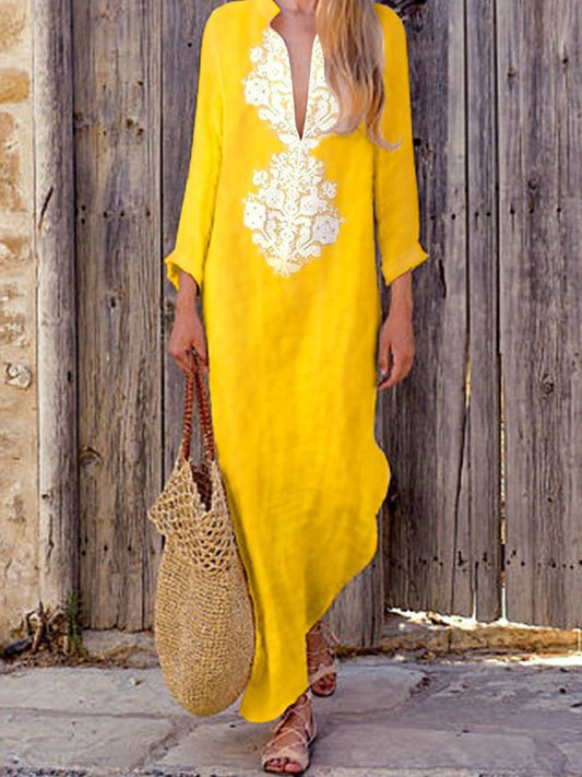 Cotton Linen V-Neck Long Sleeve Casual Dress