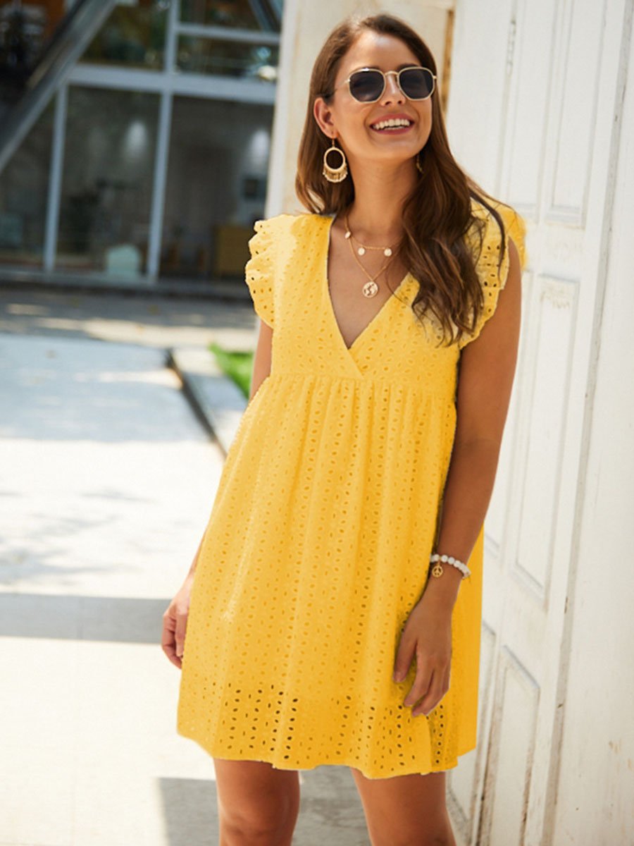 V-Neck Lace Solid Color Dress