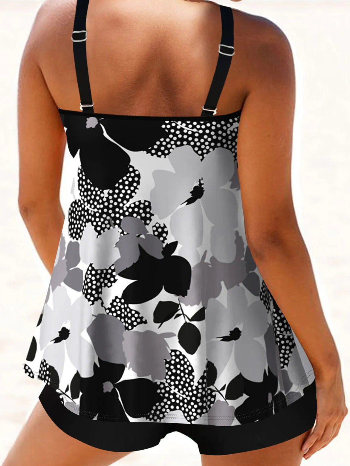 Black Floral Print Double Straps Tankini Set