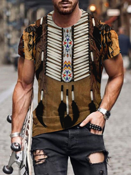 Men's Western Ethnic Print Crew Neck Short Sleeve T-Shirt