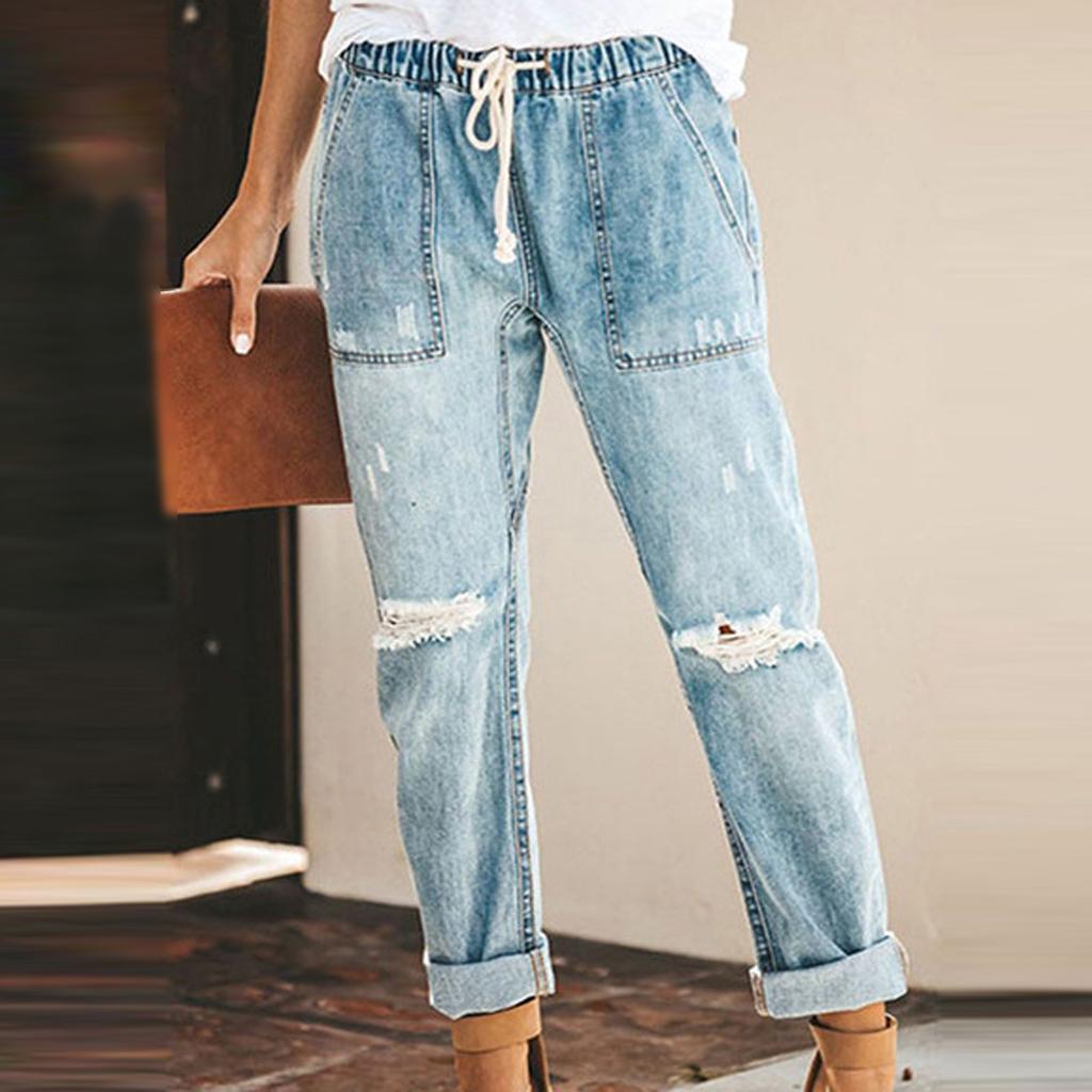 Women Solid Color Hole Low Waist Jeans