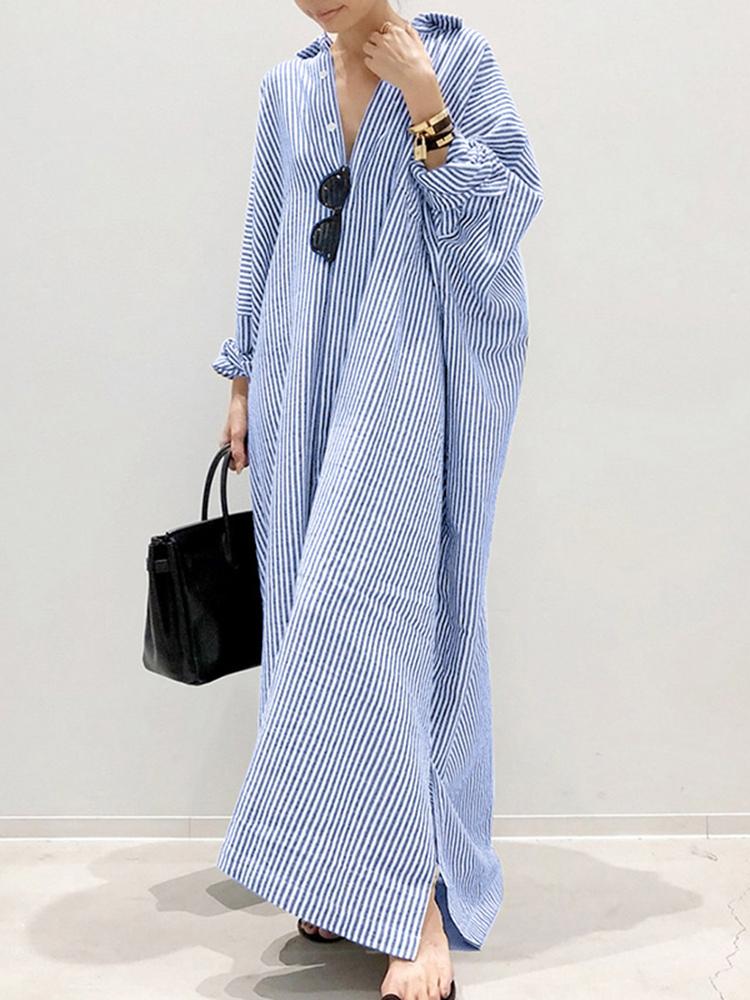 Puff Sleeve Stripe Printed Casual Maxi Dress