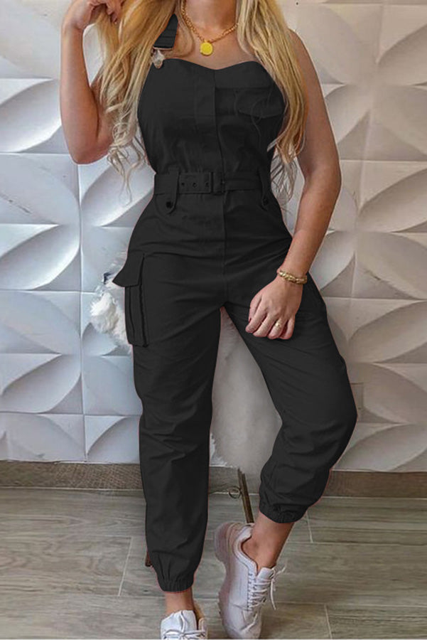 Pocket Buckle Design Cargo Suspender Jumpsuit