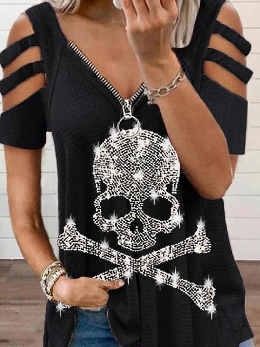 Cotton Skull Print V-neck Cold Shoulder T-shirt