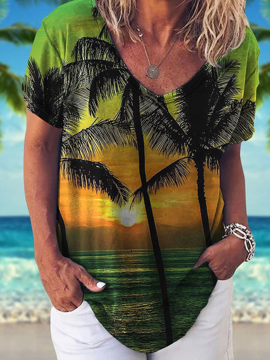 V-Neck Palm Tree Print Short Sleeve T-Shirt