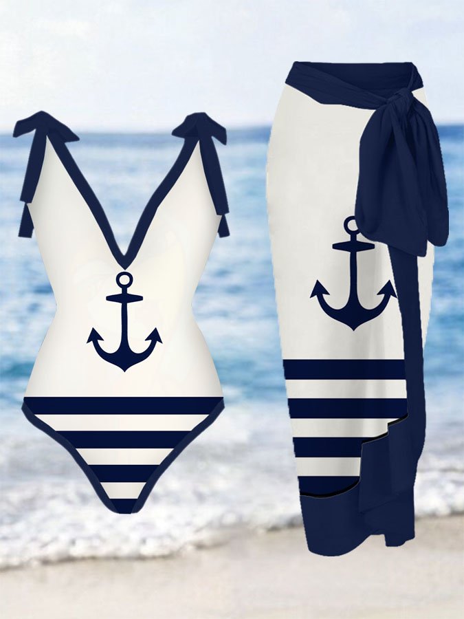 V-Neck Boat Sight One Piece Swimsuit Set