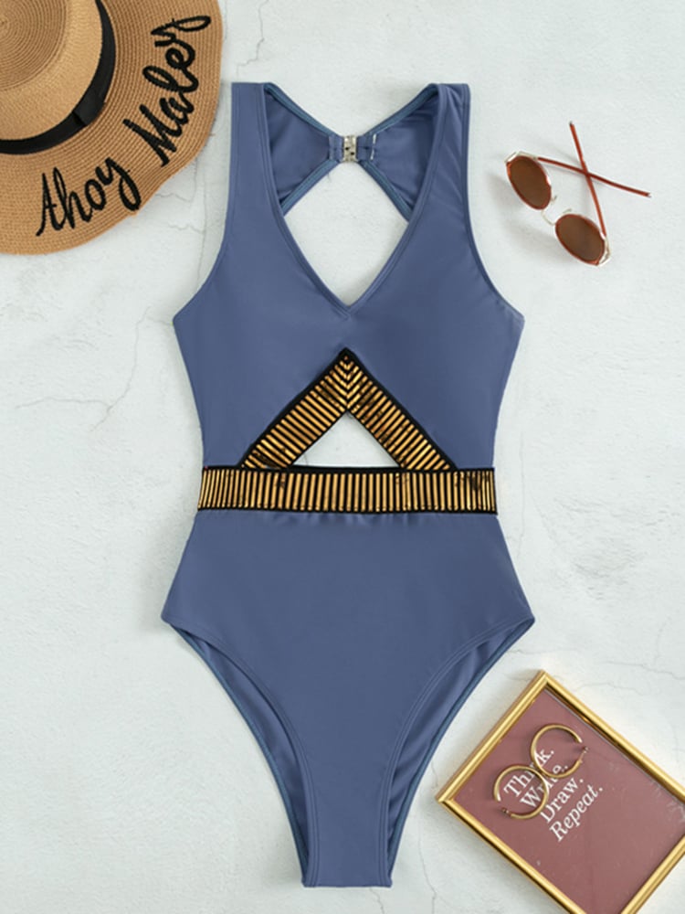Women's V-neck Shiny Cutout Sexy One-piece Bikini