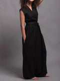 V-Neck Crossover Loose Cotton And Linen Jumpsuit