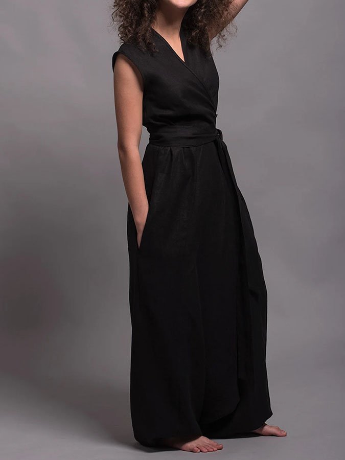 V-Neck Crossover Loose Cotton And Linen Jumpsuit
