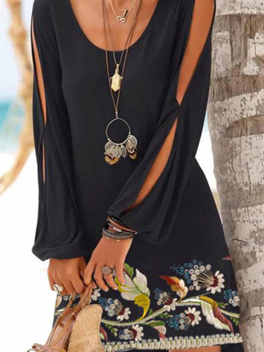 Floral Long Sleeves Split Sleeve Above Knee Dress