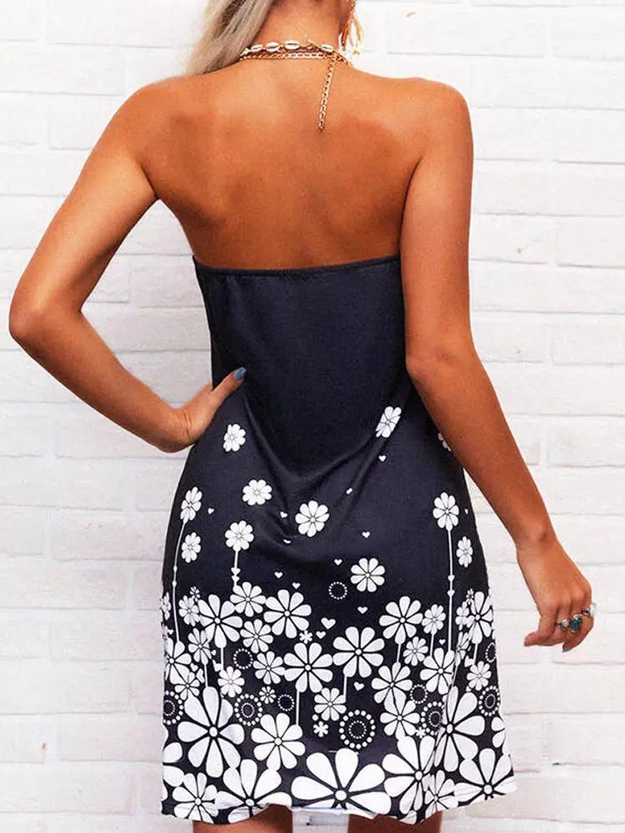 Floral Hollow Out Halter Open Back Mini Dress