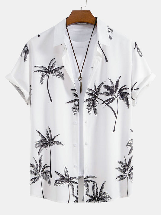 Palm Tree Print Button Up Shirt & Striped Print Swim Shorts