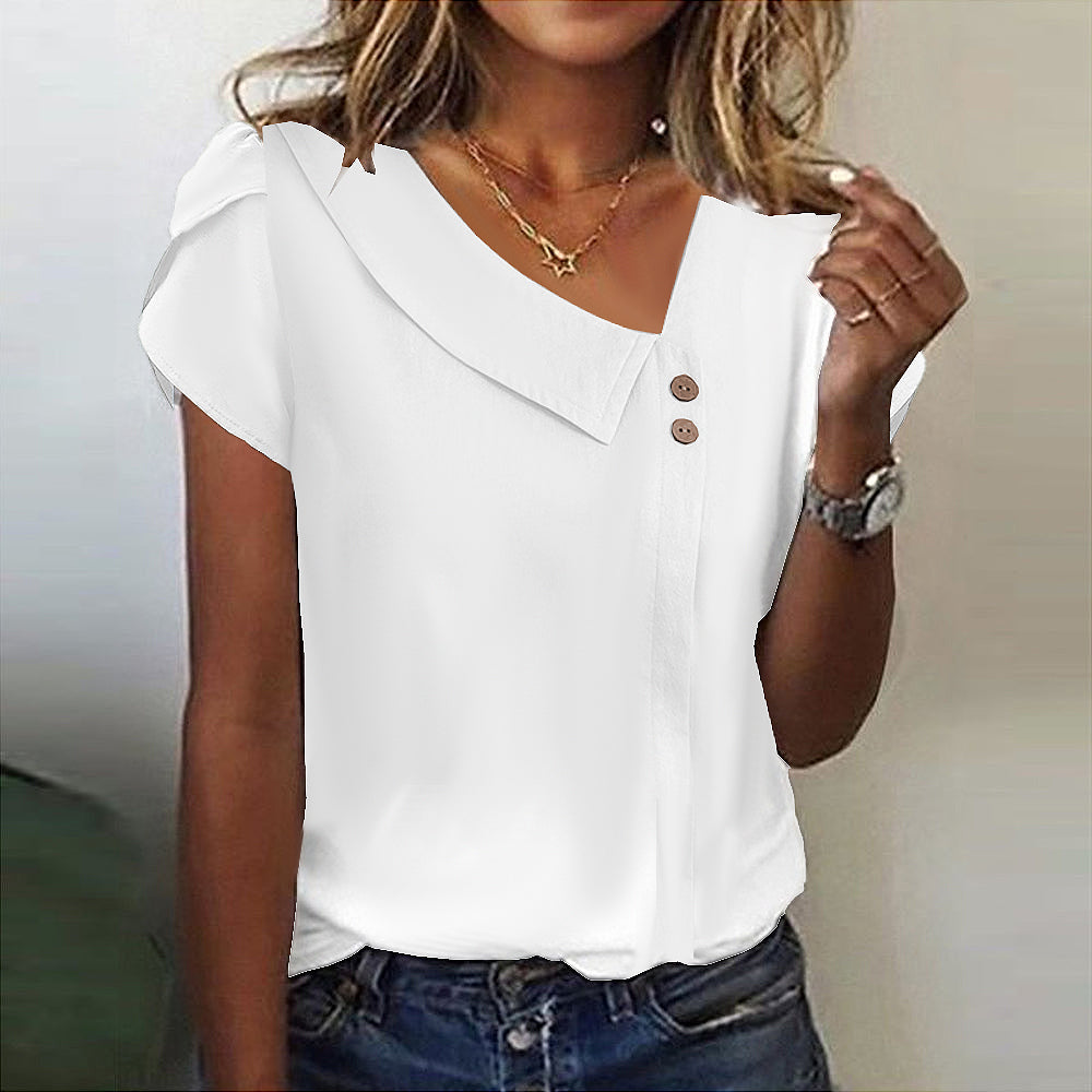 Asymmetrical Fold-Over Collar Button Front Top