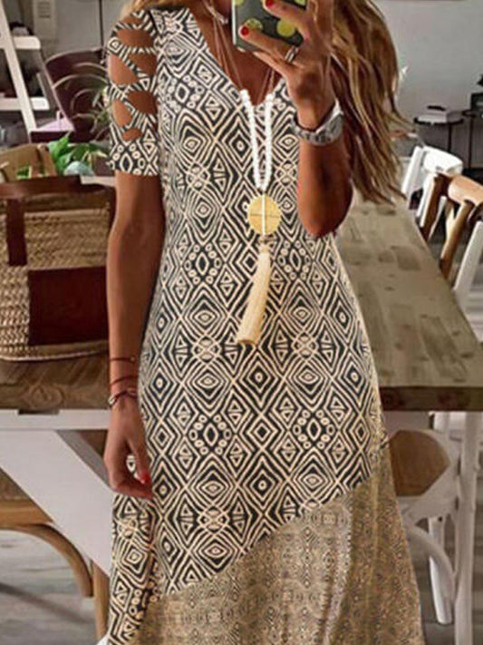 Print Short Sleeves Cold Shoulder Sleeve Maxi Dress