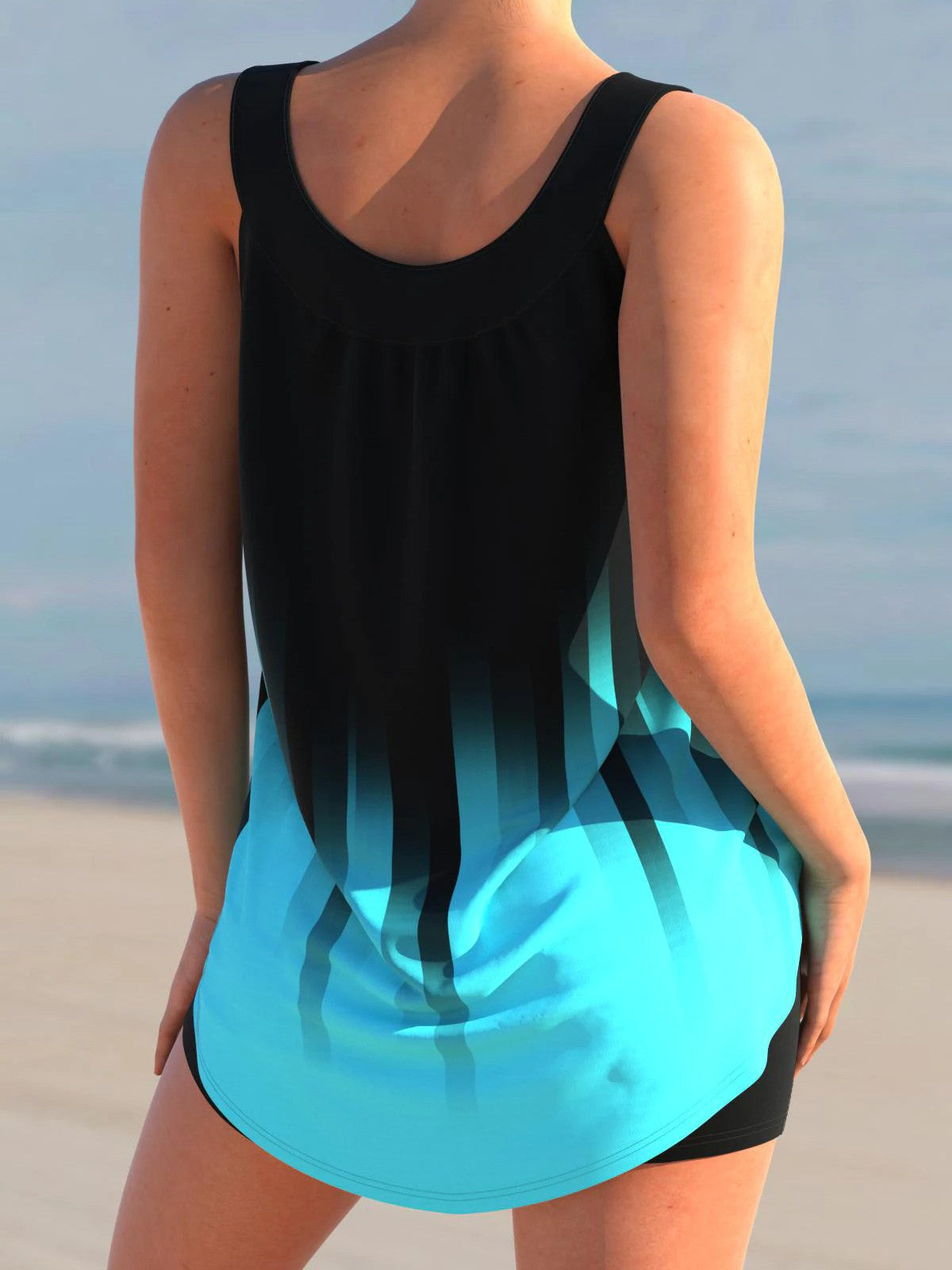 Stripe Print Ombre Cyan Tankini Set