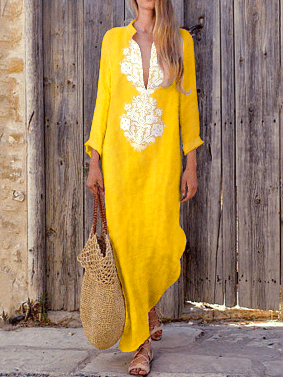 V-neck Cotton And Linen Dress