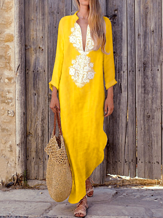 V-neck Cotton And Linen Dress