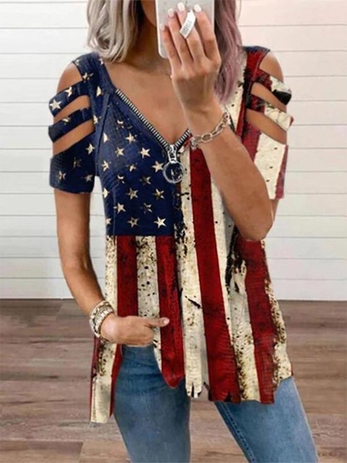 Women's Flag Print Zipper V-Neck T-Shirt