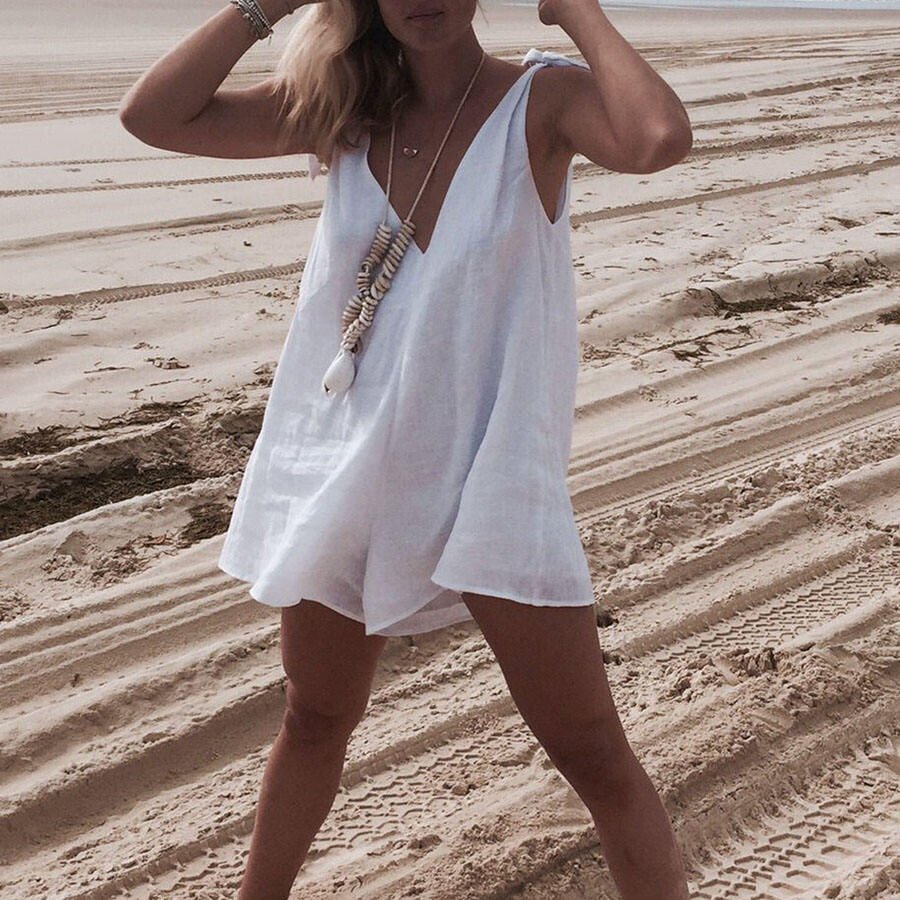 Solid Color Cotton And Linen Deep V-neck Suspender Jumpsuit