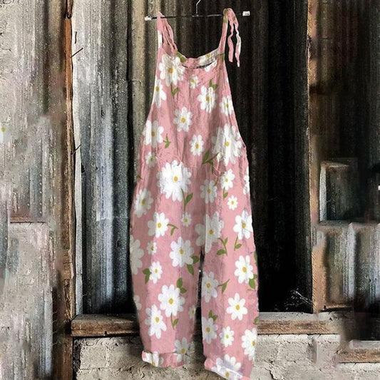 Ladies Casual Daisy Print Cotton Linen Jumpsuit