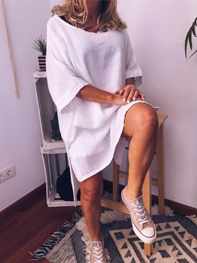 Women's Casual Pure Color Slit Cotton Dress