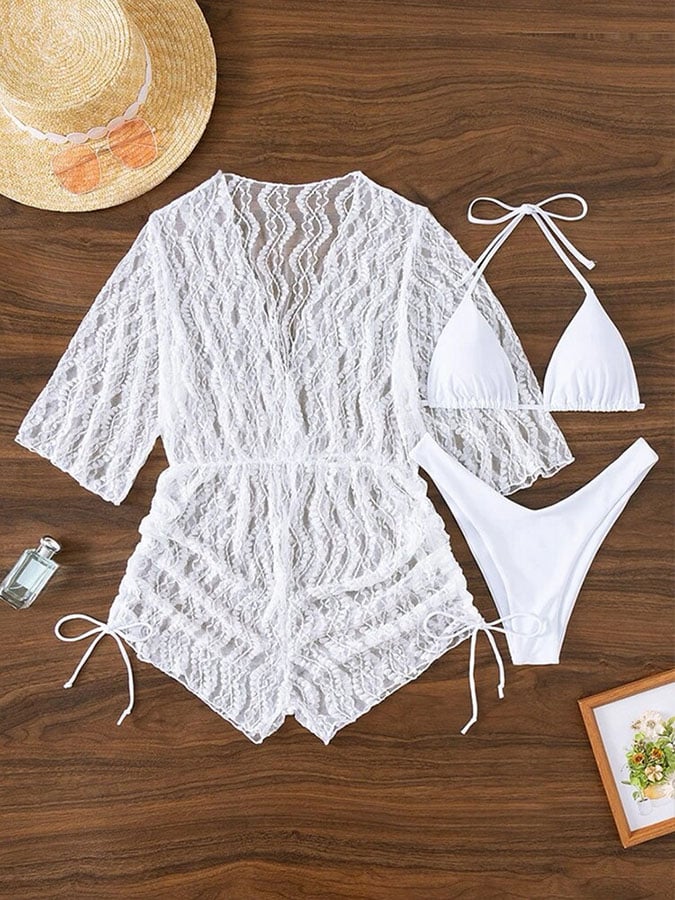 Sexy mesh waist drawstring sunscreen blouse 3-piece bikini