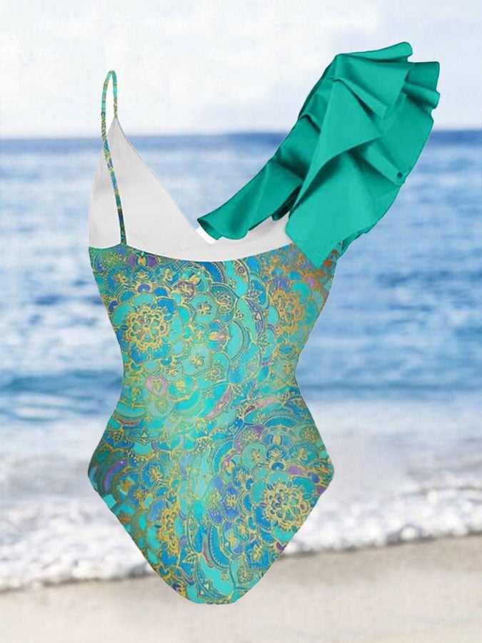 Vintage Print Ruffled V-neck One Piece Swimsuit And Sarong