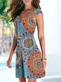 Deep V-neck Print Stitching Pleated Sexy Sleeveless Dress
