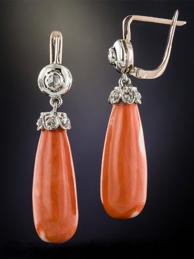 Vintage Coral Drop Earrings With Diamonds