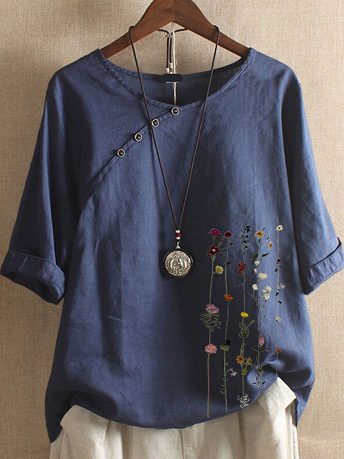 Cotton Linen Button Short Sleeve Top