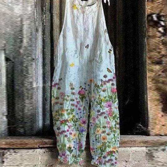 Ladies Casual Printed Cotton Linen Jumpsuit