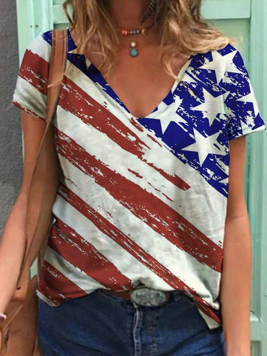 Women's Flag Print V-Necked T-Shirt