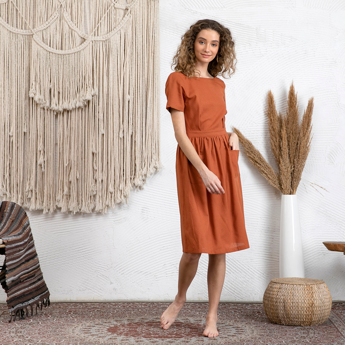 Vintage Linen Backless Short Sleeves Dress