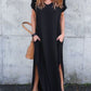 Casual Style Solid Color Short Sleeves High Split Maxi Dress