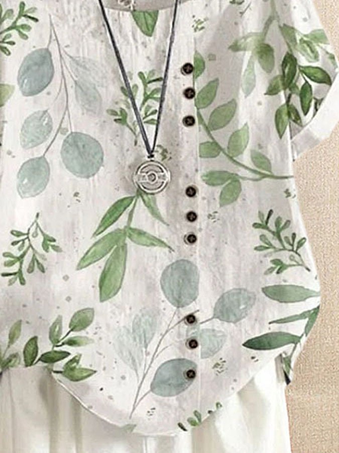 Floral Print Cotton And Linen T-Shirt