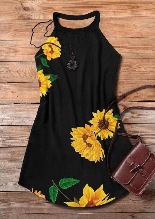 Sunflower Print Halter Open Shoulder Dress